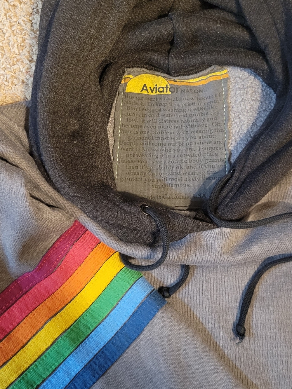 Aviator Nation Gray Cropped Hoodie with Rainbow Chest Stripe